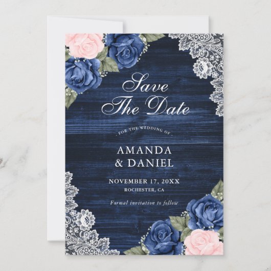 Elegant Navy Blue Blush Wood Lace Floral Wedding Save The Date (Voorkant)