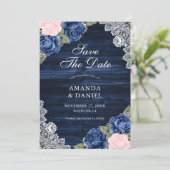 Elegant Navy Blue Blush Wood Lace Floral Wedding Save The Date (Staand voorkant)