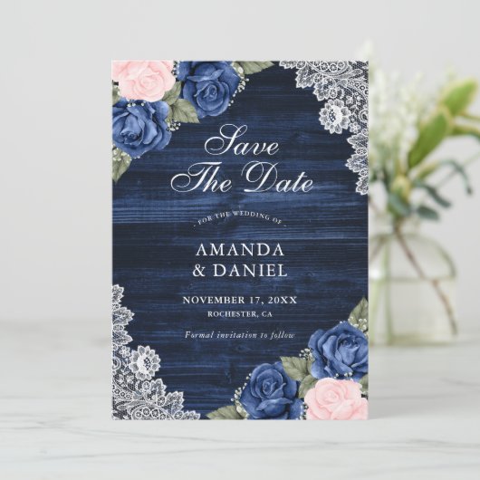 Elegant Navy Blue Blush Wood Lace Floral Wedding Save The Date (Staand voorkant)