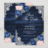 Elegant Navy Blue Blush Wood Lace Floral Wedding Save The Date (Voorkant / Achterkant)