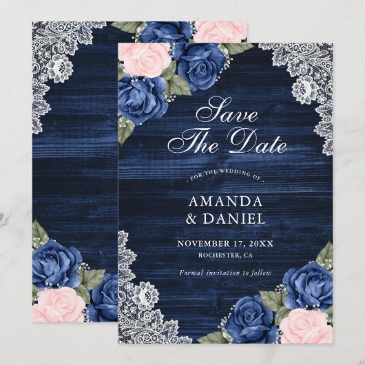 Elegant Navy Blue Blush Wood Lace Floral Wedding Save The Date (Voorkant / Achterkant)