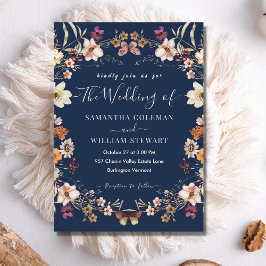 Elegant Navy Blue Boho Wildflower Modern Wedding Kaart
