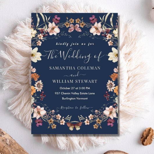 Elegant Navy Blue Boho Wildflower Modern Wedding Kaart