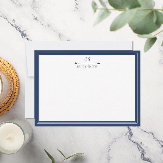 Elegant Navy Blue Border Monogram Notitiekaartje