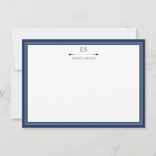 Elegant Navy Blue Border Monogram Notitiekaartje (Voorkant)