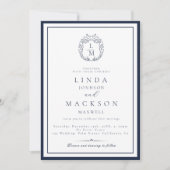 Elegant Navy Blue botanical crest monogram wedding Kaart (Voorkant)