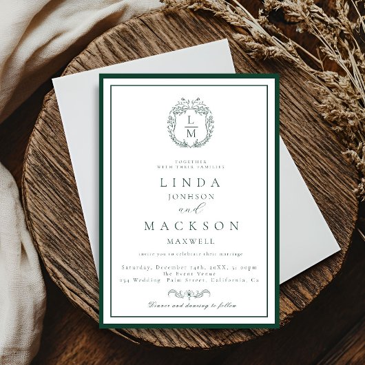 Elegant Navy Blue botanical crest monogram wedding Kaart