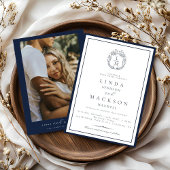 Elegant Navy Blue botanical crest monogram wedding Kaart