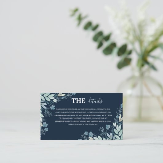 Elegant Navy Blue Botanical Details Wedding Informatiekaartje (Staand voorkant)