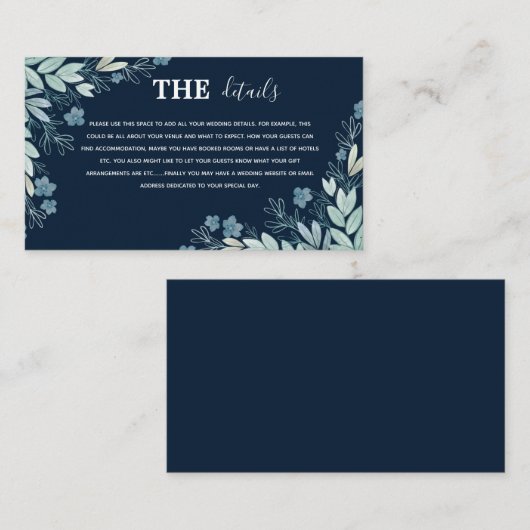 Elegant Navy Blue Botanical Details Wedding Informatiekaartje (Voorkant / Achterkant)