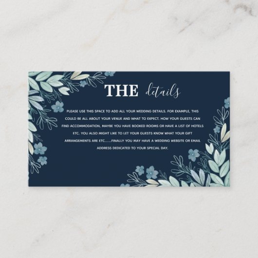 Elegant Navy Blue Botanical Details Wedding Informatiekaartje (Voorkant)