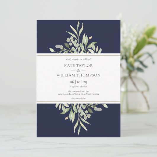 Elegant Navy Blue Botanical Greenery Wedding Kaart (Staand voorkant)