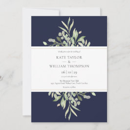 Elegant Navy Blue Botanical Greenery Wedding Kaart