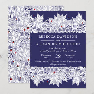 Elegant Navy Blue Botanical Wedding Kaart