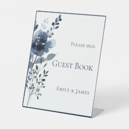 Elegant Navy Blue Botanical Wedding Reclamebord Met Voetstuk