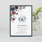 Elegant Navy Blue Bourgondië Floral 60e verjaardag Kaart (Staand voorkant)