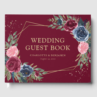 Elegant Navy Blue Bourgondië Goud Geometrisch Brui Gastenboek