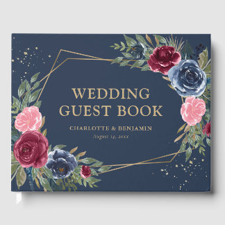 Elegant Navy Blue Bourgondië Goud Geometrisch Brui Gastenboek