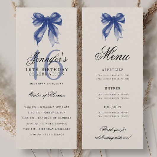 Elegant Navy Blue Bow 16th Birthday Program Menu Kaart