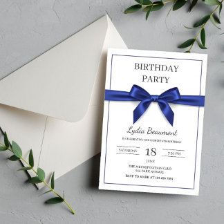 Elegant Navy Blue Bow Birthday Invitation Kaart