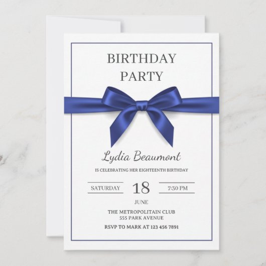 Elegant Navy Blue Bow Birthday Invitation Kaart (Voorkant)