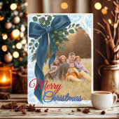  Elegant Navy Blue Bow & Fresh Greenery Photo  Feestdagenkaart