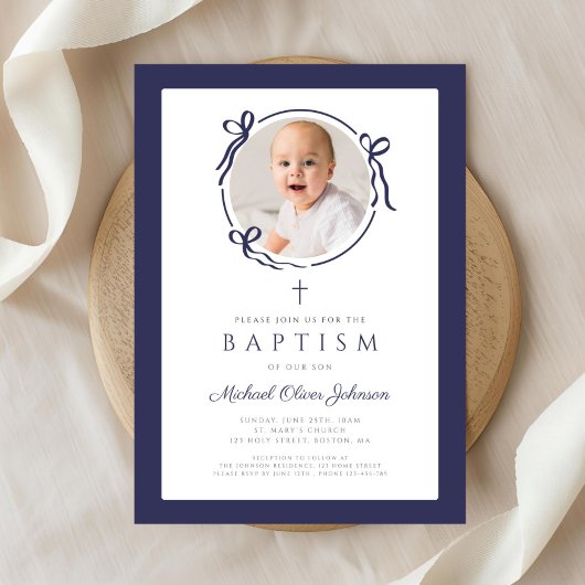 Elegant Navy Blue Bow Photo Baptism Kaart