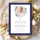 Elegant Navy Blue Bow Photo Baptism Kaart