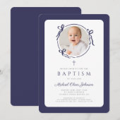 Elegant Navy Blue Bow Photo Boy Baptism Kaart (Voorkant / Achterkant)