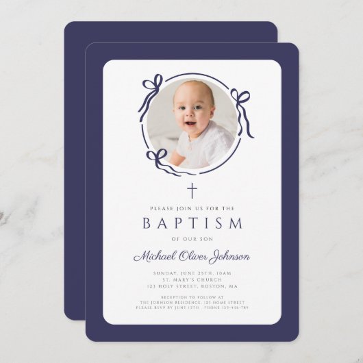 Elegant Navy Blue Bow Photo Boy Baptism Kaart (Voorkant / Achterkant)