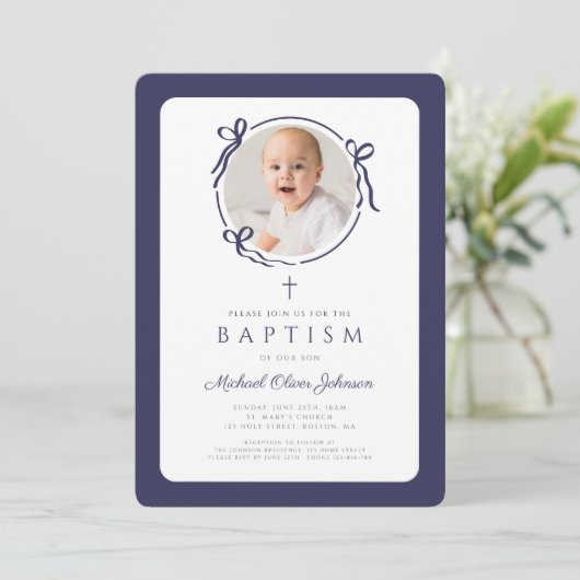 Elegant Navy Blue Bow Photo Boy Baptism Kaart (Staand voorkant)