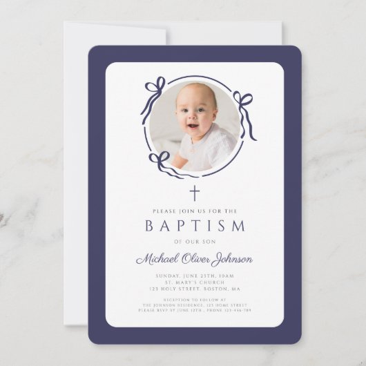 Elegant Navy Blue Bow Photo Boy Baptism Kaart (Voorkant)