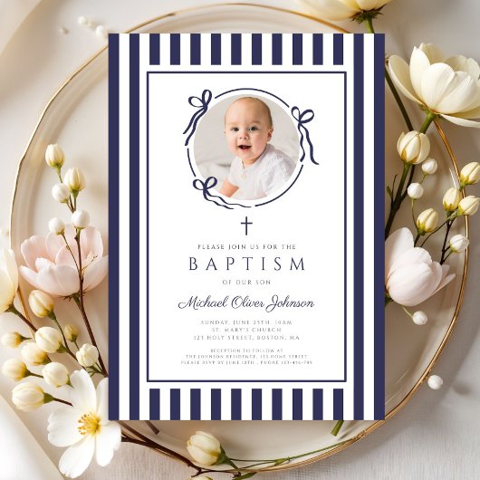 Elegant Navy Blue Bow Photo Boy Baptism Kaart