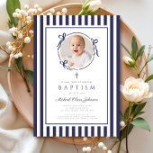 Elegant Navy Blue Bow Photo Boy Baptism Kaart