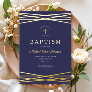 Elegant Navy Blue Boy Baptism Gold Folie Uitnodiging
