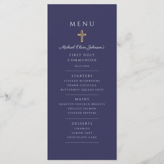 Elegant Navy Blue Boy First Communion Menu (Voorkant)