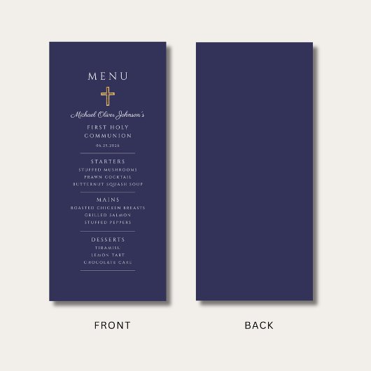 Elegant Navy Blue Boy First Communion Menu