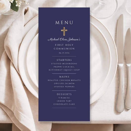 Elegant Navy Blue Boy First Communion Menu