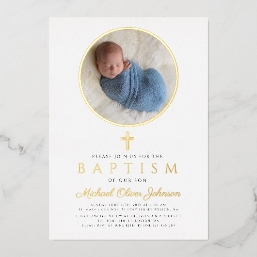 Elegant Navy Blue Boy Religieuze Foto Baptism Gold Folie Uitnodiging (Voorkant)
