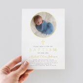 Elegant Navy Blue Boy Religieuze Foto Baptism Gold Folie Uitnodiging