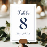 Elegant Navy Blue Bruiloft Receptie Tafel Formeel Kaart<br><div class="desc">Bruiloft Tafel Nummer evenement partij teken ontwerp beschikt over een klassieke elegantie met klassieke marine blauw op een scherpe witte achtergrond. Personaliseer het ontwerp van de huwelijkstafel met jouw naam, huwelijksdatum en lijstaantal in trendy belettering en script. De achterkant van de kaart is een duplicaat van de voorkant. Volg onze...</div>