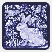Elegant Navy Blue Bunny Rabbit Birds Easter Delft Vierkante Sticker (Voorkant)