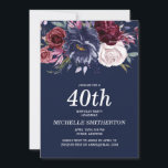Elegant Navy Blue Burgundy Floral 40th Birthday Kaart<br><div class="desc">Elegant navy blue 40th verjaardagsfeest uitnodiging voor vrouwen met bloemen van de Bourgogne en witte waterverf. Neem contact met mij op voor hulp bij aanpassingen of voor het aanvragen van matching of het coördineren van Zazzle-producten.</div>