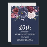 Elegant Navy Blue Burgundy Floral 40th Birthday Kaart<br><div class="desc">Elegant navy blue 40th verjaardagsfeest uitnodiging voor vrouwen met bloemen van de Bourgogne en witte waterverf. Neem contact met mij op voor hulp bij aanpassingen of voor het aanvragen van matching of het coördineren van Zazzle-producten.</div>
