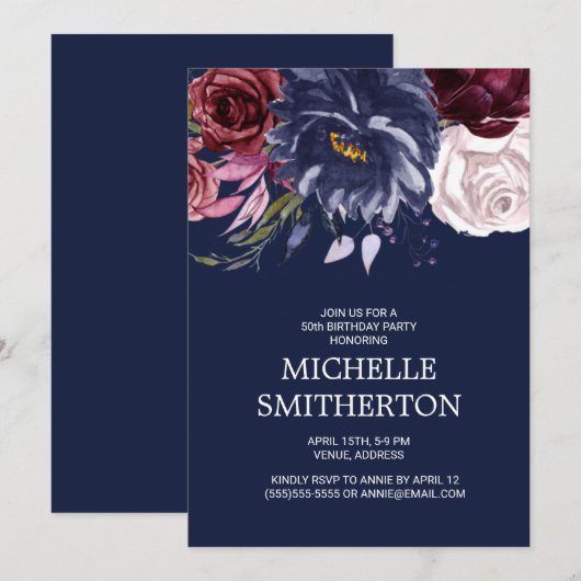 Elegant Navy Blue Burgundy Floral 50th Birthday Kaart (Voorkant / Achterkant)