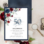 Elegant Navy Blue Burgundy Floral 50th Birthday Kaart<br><div class="desc">Hallo Zeg maar tegen je 50ste in stijl met deze prachtige Elegant Navy Blue Bourgondië Floral 50ste verjaardag uitnodiging! Met een prachtig boeket van rijke marineblauw en bordeauxrode bloemen en botanisch groen zet deze luxe kaart de perfecte toon voor uw speciale viering. De elegante met de hand geletterde kalligrafie biedt...</div>