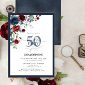 Elegant Navy Blue Burgundy Floral 50th Birthday Kaart