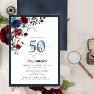 Elegant Navy Blue Burgundy Floral 50th Birthday Kaart