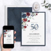Elegant Navy Blue Burgundy Floral 50th Birthday Kaart