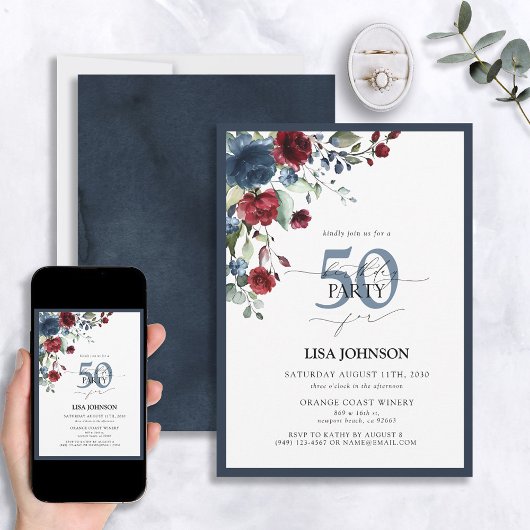 Elegant Navy Blue Burgundy Floral 50th Birthday Kaart